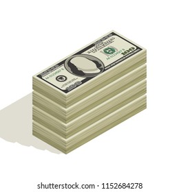Bundle of hundred-dollar bill, stacks of banknotes, pile of cash, paper money. The concept of financial success and wealth. Isometric vector illustration isolated on white background