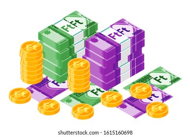 Bundle of Hungarian Forint banknotes money and gold coin vector isometric design. Hungary currency, business, finance and Payment element. Can be used for web, mobile, infographic, & print.