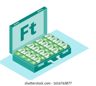 Bundle of Hungarian Forint Money inside opened case box vector icon logo illustration and design. Hungary currency, business, payment and finance element. Can be used for web, mobile & infographic