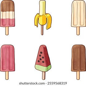 Bundle of ice cream bar popsicles in various flavour. Collection of vanilla, chocolate, strawberry, banana flavoured ice cream on hand drawn style