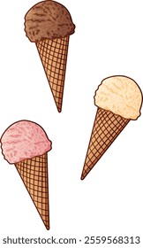 Bundle of ice cream in waffle cone with various flavour. Collection of vanilla, chocolate, strawberry flavoured ice cream cone on hand drawn style