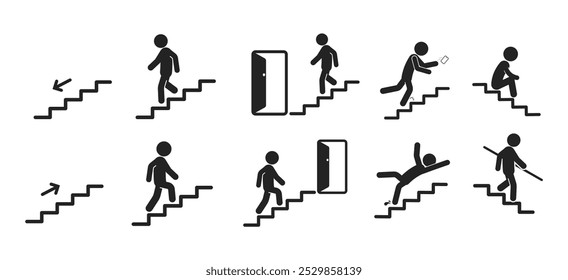 Ícone do pacote sinal de escadas de segurança interna, direção de seta para cima e para baixo, use corrimão, risco de lesão etiqueta de construção 