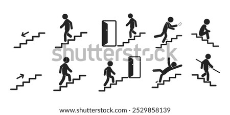 Bundle icon indoor safety stairs sign, arrow direction up and down, use handrail, injury hazard building label 