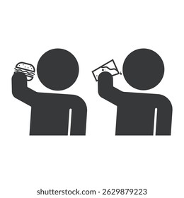 Bundle icon set of man drinking water on glass and eat burger