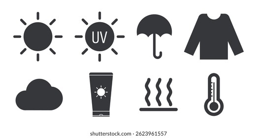 Paket Symbol Set Sonne und sv Lichtschutz und Sommer Hitzewelle