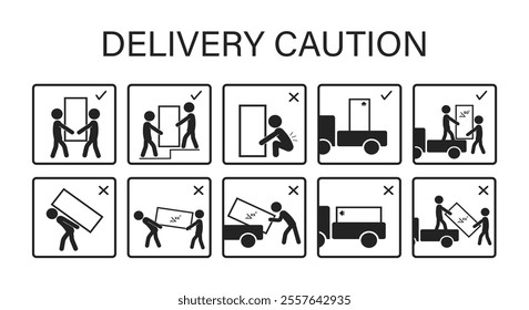 Bundle icon sign set delivery caution, safety lift instruction, handle with care for big box goods 