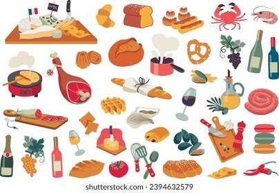 Bundle icons of french food specialities. Bakery, bread, croissant, wine and cheese. Vector illustration isolated on a white background.