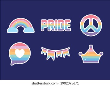 bundle of icons with lgbtq pride colors on a purple background vector illustration design