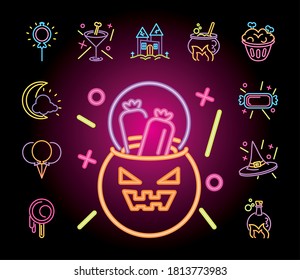 bundle of icons on neon light for halloween vector illustration design