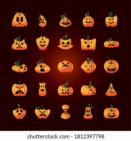 bundle of icons with pumpkins face for halloween on black background vector illustration design
