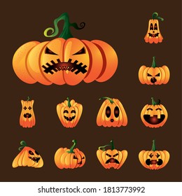 bundle of icons with pumpkins face for halloween vector illustration design