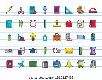 bundle icons of school education, line and fill style vector illustration design