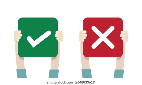 Ilustração de pacote de uma mão segurando uma marca de verificação e croos, simbolizando sim e não, escolha errada certa, voto, pontuação.