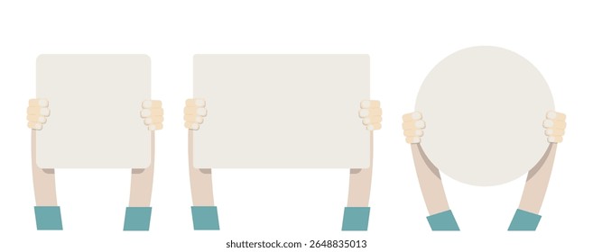 Bundle illustration of hands holding blank paper banners with copy space, used for advertisement, protest, announcement, message, or public information.