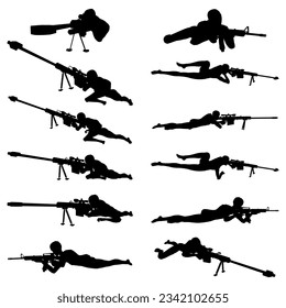 Bundle of illustrations of soldier silhouettes aiming with sniper