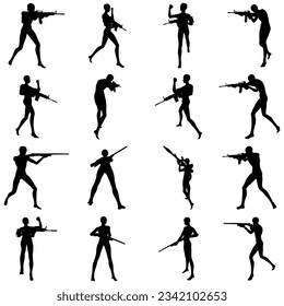 Bundle of illustrations of soldier silhouettes posing shooting and aiming