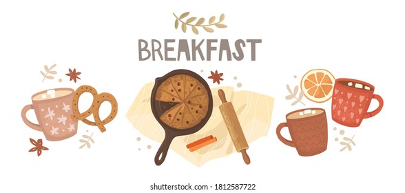 Bundle of illustrations. Vintage cups with hot drinks, pretzel, orange slices. Chocolate cake, rolling pin, cinnamon, star anise. Handwritten lettering breakfast. Cozy atmosphere, homemade food, bake