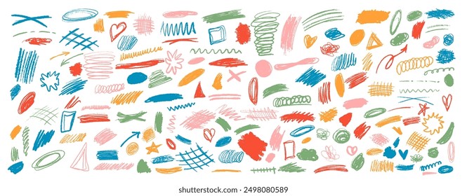 Bundle includes abstract doodles with irregular multicolored strike-through-strokes. Minimalist linear style for versatile use in artistic projects on white