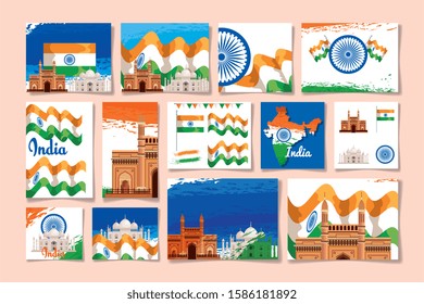 bundle independence day india with icons vector illustration design