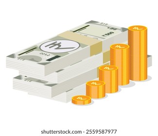 Bundle of Indian 500 rupee notes with a coin, symbolizing currency and finance