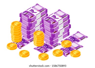 Bundle of Indian Rupee 2000 banknotes money and gold coin vector isometric design. India currency, business, finance and Payment element. Can be used for web, mobile, infographic, and print.