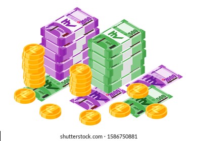 Bundle of Indian Rupee INR banknotes money and gold coin vector isometric design. India currency, business, finance and Payment element. Can be used for web, mobile, infographic, and print.