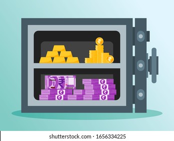 Bundle Of Indian Rupee Money, Gold, And Coin In A High Security Level Metal Safe Vector Illustration Flat Design. India Payment And Finance Element. Can Be Used For Web And Mobile, Infographic & Print