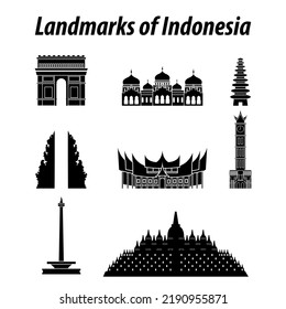 Bundle of Indonesia famous landmarks by silhouette style,vector illustration