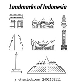 Bundle of Indonesia famous landmarks by silhouette outline style,vector illustration