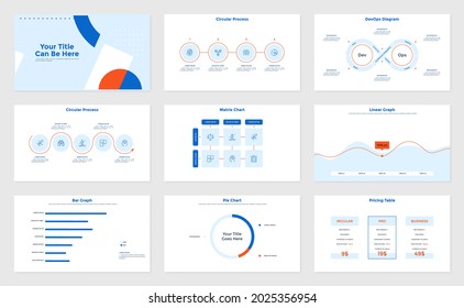 Conjunto de páginas de presentación corporativas de infografía - gráfico circular, tabla de precios, diagrama de matriz, diagrama de flujo con elementos redondeados. Plantilla moderna de diseño infográfico. Simple ilustración vectorial plana.
