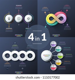 Bundle of infographic design layouts. Charts with connected paper white round elements and gradient colored infinity symbol, thin line icons and text boxes. Vector illustration for presentation.