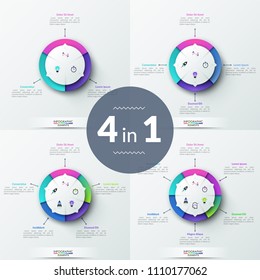 Bundle of infographic design layouts. Paper white circular pie charts divided into equal parts with flat icons inside and arrows pointing at text boxes. Creative vector illustration for brochure.
