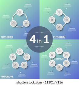 Bundle of infographic design layouts. Round paper white elements with thin line icons inside connected into circular charts, place for text. Cyclic process visualization. Minimal vector illustration.