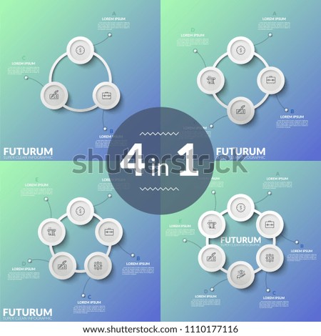 Bundle of infographic design layouts. Round paper white elements with thin line icons inside connected into circular charts, place for text. Cyclic process visualization. Minimal vector illustration.