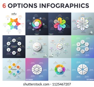Bundle of infographic design templates with 6 circular, sectoral and chain link elements. Realistic and flat diagrams with six options, thin line symbols and place for text. Vector illustration.