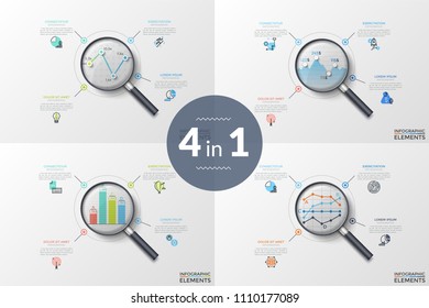 Bundle of infographic design templates. Linear graphs, bar charts, diagrams placed inside magnifier and connected to flat icons and text boxes. Financial data visualization. Vector illustration.