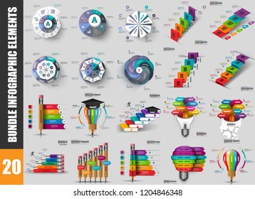 Bundle infographic elements data visualization vector design template. Can be used for steps, options, business processes, workflow, diagram, flowchart concept, timeline, marketing, info graphics.