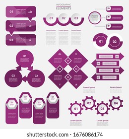 Bundle infographic elements data visualization. Vector template with 2, 3, 4 options. Can be used for presentations, business processes, workflow, diagram, flowchart, timeline, marketing, trainings.