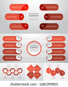 Bundle infographic elements data visualization. Vector template with 4, 5, 6, 8 options. Can be used for presentations, business processes, workflow, diagram, flowchart, timeline, marketing, trainings