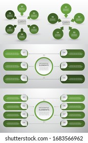Bundle infographic elements data visualization. Vector template with 5, 6, 8 options. Can be used for presentations, business processes, workflow, diagram, flowchart, timeline, marketing, trainings.