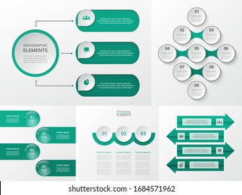 Bundle infographic elements data visualization. Vector template with 3, 4, 9 options. Can be used for presentations, business processes, workflow, diagram, flowchart, timeline, marketing, trainings.