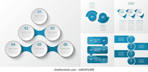 Bundle infographic elements data visualization. Vector template with 2, 3, 4, 6 options. Can be used for presentations, business processes, workflow, diagram, flowchart, timeline, marketing, trainings