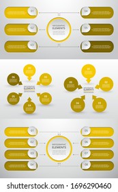 Bundle infographic elements data visualization. Vector template with 5, 6, 8 options. Can be used for presentations, business processes, workflow, diagram, flowchart, timeline, marketing, trainings.