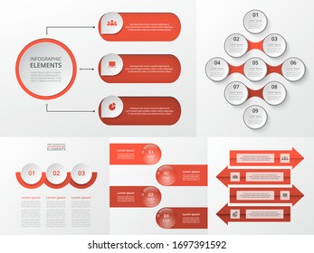 Bundle infographic elements data visualization. Vector template with 3, 4, 9 options. Can be used for presentations, business processes, workflow, diagram, flowchart, timeline, marketing, trainings.