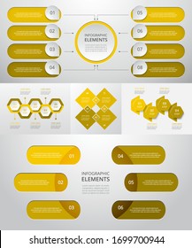 Bundle infographic elements data visualization. Vector template with 4, 5, 6, 8 options. Can be used for presentations, business processes, workflow, diagram, flowchart, timeline, marketing, trainings