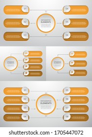 Bundle infographic elements data visualization. Vector template with 3, 4, 6, 8 options. Can be used for presentations, business processes, workflow, diagram, flowchart, timeline, marketing, trainings