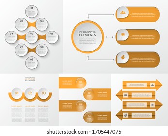 Bundle infographic elements data visualization. Vector template with 3, 4, 9 options. Can be used for presentations, business processes, workflow, diagram, flowchart, timeline, marketing, trainings.