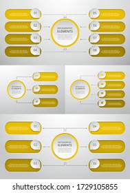 Bundle infographic elements data visualization. Vector template with 3, 4, 6, 8 options. Can be used for presentations, business processes, workflow, diagram, flowchart, timeline, marketing, trainings