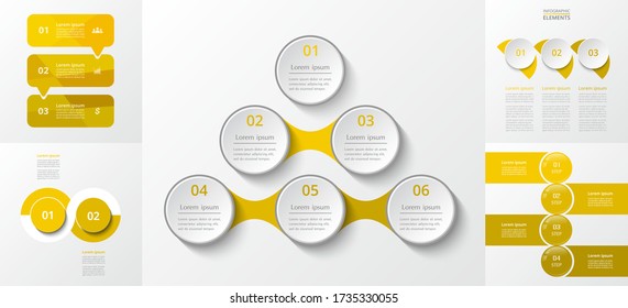 Bundle infographic elements data visualization. Vector template with 2, 3, 4, 6 options. Can be used for presentations, business processes, workflow, diagram, flowchart, timeline, marketing, trainings