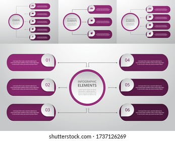 Bundle infographic elements data visualization. Vector template with 3, 4, 5, 6 options. Can be used for presentations, business processes, workflow, diagram, flowchart, timeline, marketing, trainings